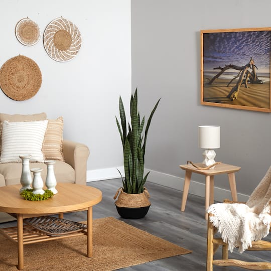 46" Sansevieria Artificial Plant in Boho Chic Handmade Cotton & Jute White Woven Planter